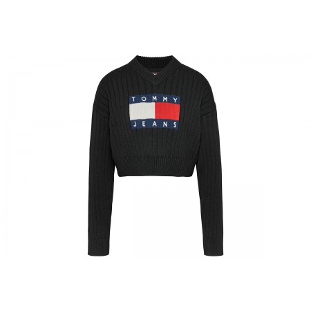 Tommy Jeans Center Flag Sweater Γυναικεία Crop Top Μπλούζα Μαύρη