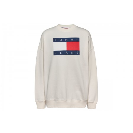 Tommy Jeans Flag Oversize Fit Γυναικεία Μακρυμάνικη Μπλούζα Εκρού